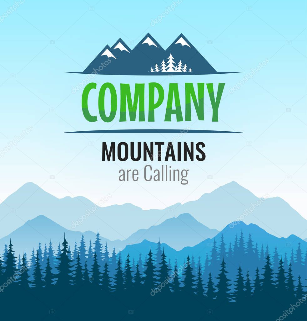 Vector landscape illustration, badge of travel tour company on baeutiful nature background. Logo with silhouette forest and mountains of Scandinavian outdoor tourism.