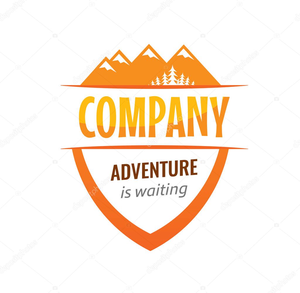 Badge, coat of arms for travel, expedition company. Vector emblem illustration with Mountains and forest isolated on white.