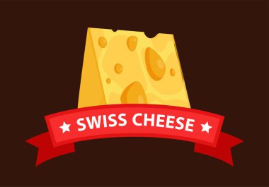 İsviçre peyniri Maasdam ve kırmızı kurdele ile resim yazısı - renkli süt ürün resmi amblem çizgi film