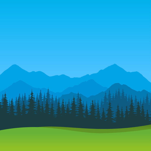 Vector Summer Landscape with clear blue sky - Scenic outdoor view, Silhouettes of Mountains and Forest.