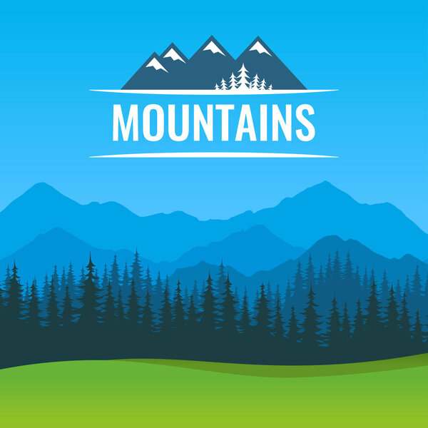 Плакат с живописным ландшафтом Леса и гор в солнечный день - векторная иллюстрация с символом Знака Заголовка
.