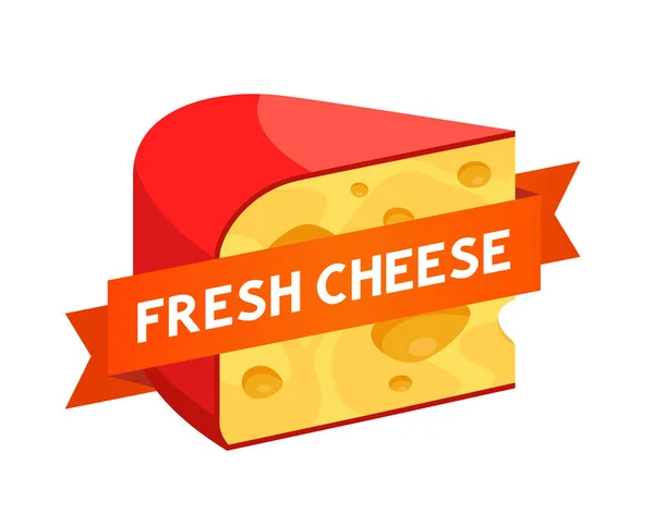 Logotipo para tienda de quesos - Triángulo Pieza de queso fresco con cinta y pie de foto . — Vector de stock