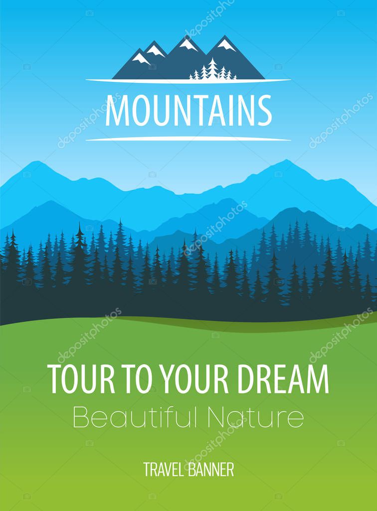 Mountains Nature, vector Travel Poster - Design of scenic colorful nature of Alps with copy area at header with logo and bottom of Placard layout with caption and descriptions.