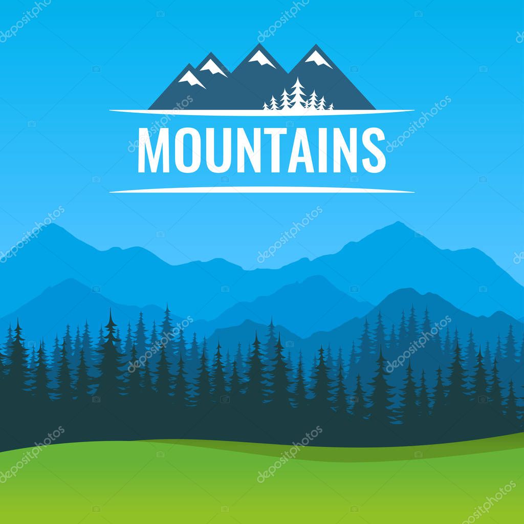 Poster with scenic landscape of Forest and Mountains at sunny day. Vector illustration with Header Badge symbol.