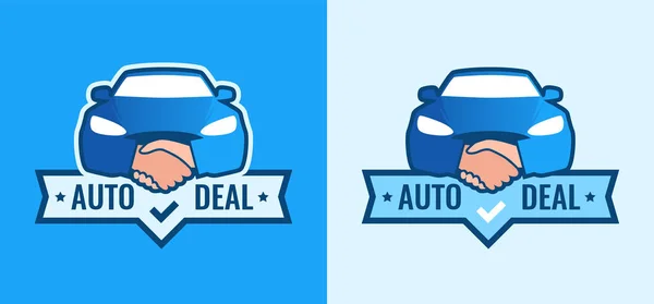 Auto Deal - Logo pro auto obchodní zastoupení. Čelní pohled auto s potřesení rukou - kreativní emblém — Stockový vektor