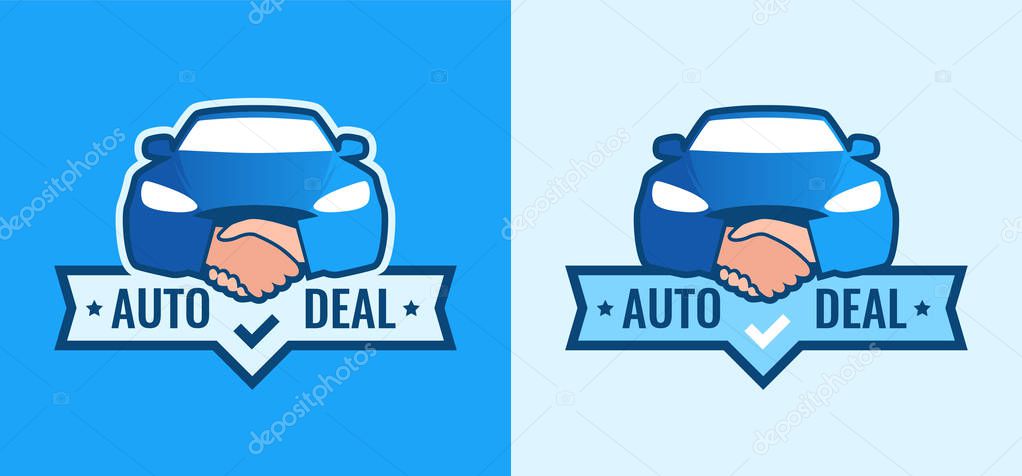 Auto Deal - Logo for car Dealership. Front view of Car with Handshakes - Creative Emblem. Set of blue vector Symbols on blue and white background.
