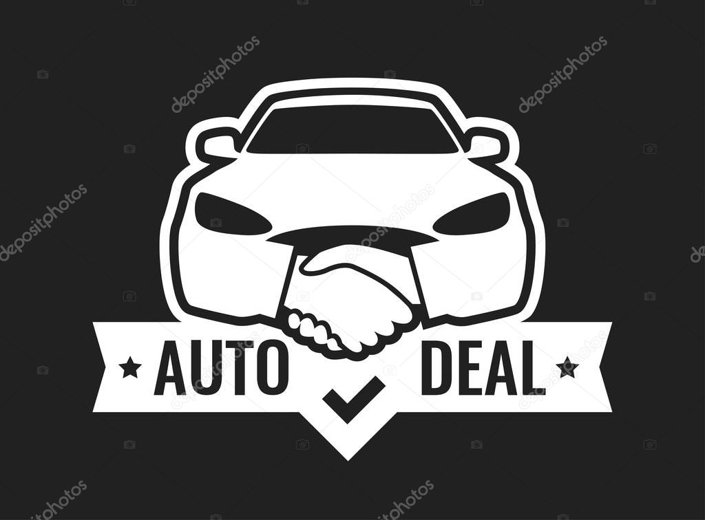 Auto Deal - Logo for car Dealership isolated on black color. Front view of Car with Handshakes - Creative Emblem.