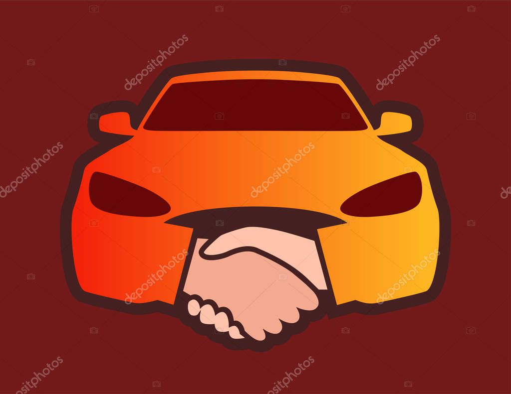 Front view of Car with Handshakes - Creative Emblem. Badge with Auto illustrating deal.