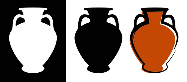 Vector ancient amphora image in burgundy color and silhouettes in white and black background isolated in flat style — Stock Vector