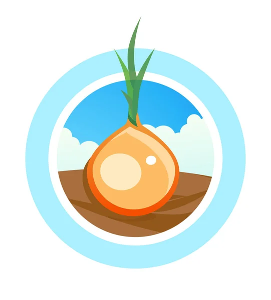 Rundes Vektorlogo für Zwiebelhandel - buntes Symbol mit Gemüse auf Feld — Stockvektor
