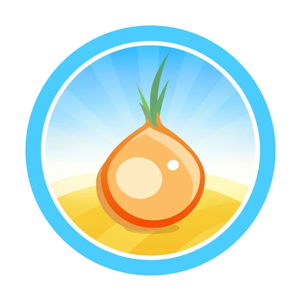 Emblema vectorial redondo para el comercio de cebolla - símbolo colorido con verduras en el campo — Vector de stock