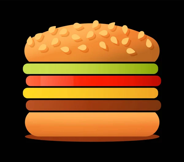 Ilustração vetorial de grande hambúrguer saboroso isolado em fundo preto — Vetor de Stock