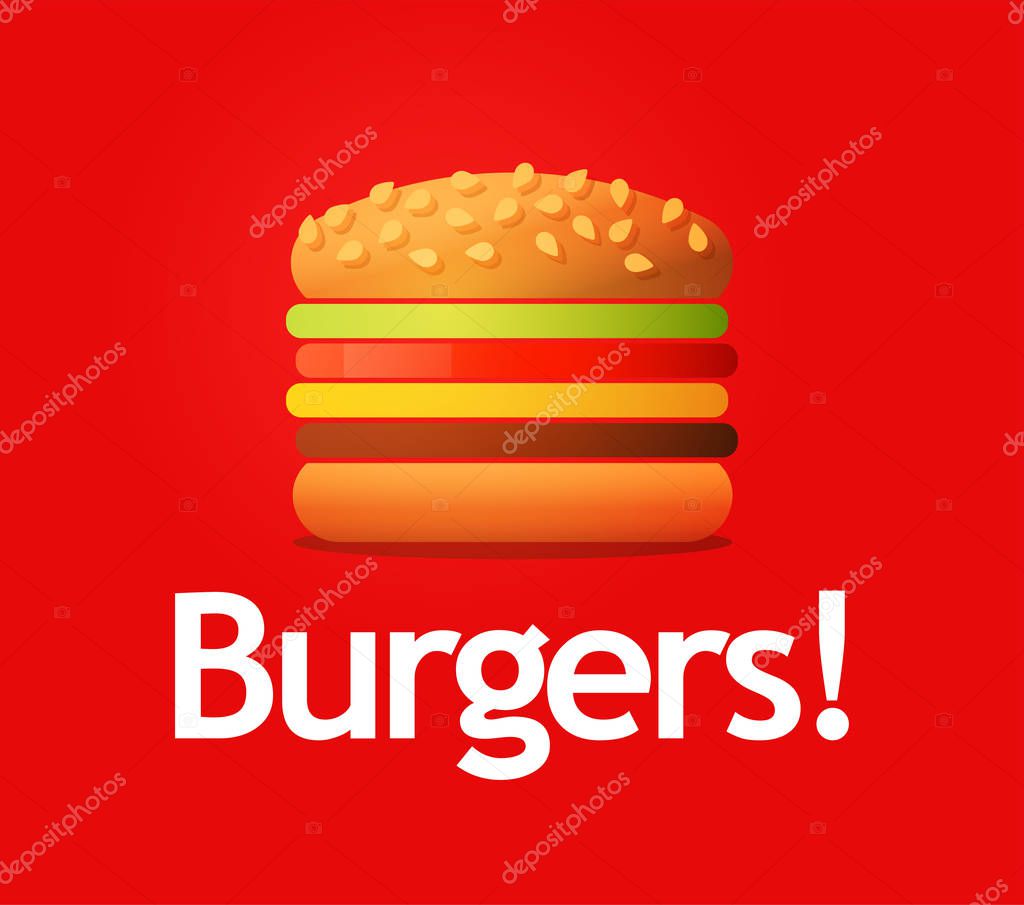 Wonderful Vector Logotype of big tasty Burger isolated on red background in EPS10. Sandwich image for logo, banner or ads of Cafe.