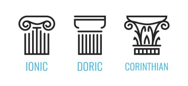 Ionic orders of ancient Greece. Ionic, Dorian, Corintian column lineart shapes isolated on white background. clipart