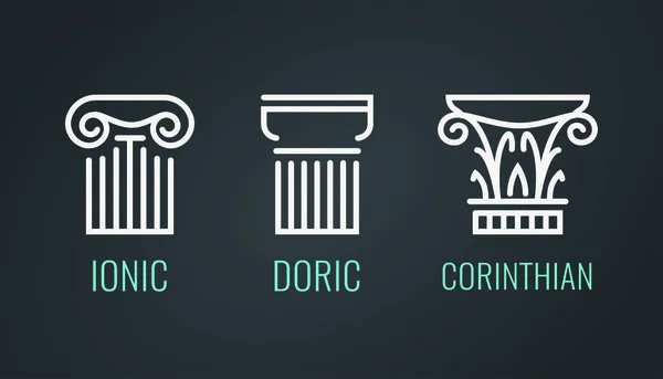Ionische, dorische und korinthische Ikonen im linearen Stil auf dunklem Hintergrund. Vektorsatz griechischer Spalten — Stockvektor