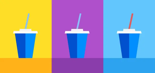 Symbol der blauen Plastikbecher mit Koks oder Eistee auf gelbem, violettem und blauem Hintergrund. — Stockvektor