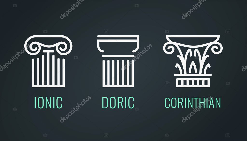 Ionic, Doric and Corinthian icons in lineart style on dark background. Vector set of Greek columns in EPS10.