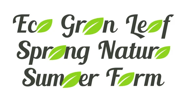 Etiketter med gröna blad, Eco, grön, löv och vår, natur, samer och gård på mörk bakgrund — Stock vektor