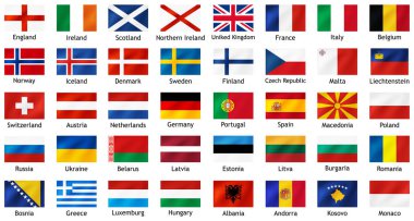 Başlıklarla Avrupa ülkelerinin ulusal bayrakları.