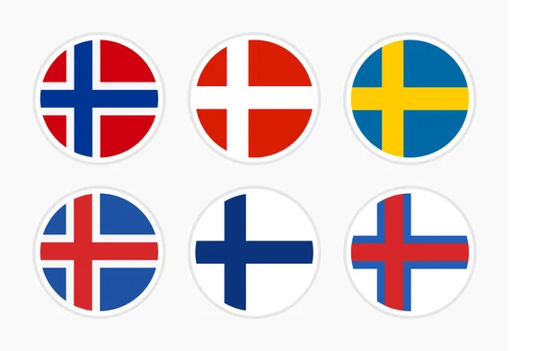 Flaggen Nordeuropas, Skandinaviens, Vektorrunde Symbolabbildung auf weißem Hintergrund. — Stockvektor