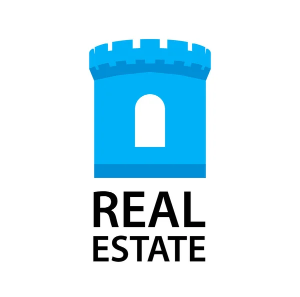 Logotipo con Castle Tower para empresa inmobiliaria en color azul aislado en blanco — Vector de stock