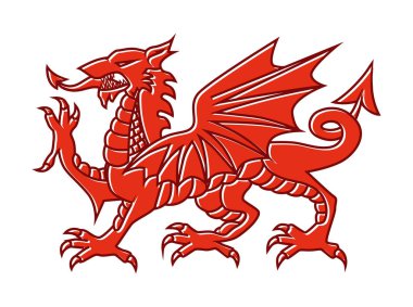 Beyaz arka plan üzerinde Galler kırmızı Dragon, Fantasy Monster Vektör illüstrasyon Galler'de ulusal bayrak üzerinde resimli.