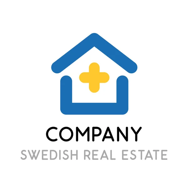 Logotipo de diseño para una empresa dedicada a bienes raíces en Suecia - Icono vectorial con casa en colores de bandera sueca. — Vector de stock