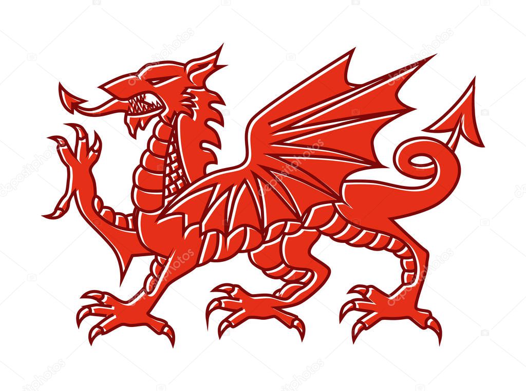 Welsh red Dragon on white background - Vector illustration of Fantasy Monster illustrated on national flag on Wales.
