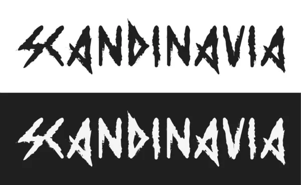 Escandinavia, etiqueta de texto vectorial en estilo oscuro con el antiguo alfabeto vikingo estilo blanco y negro aislado . — Vector de stock