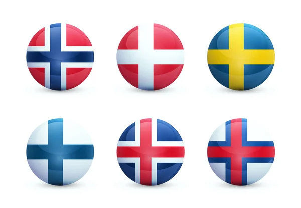 İskandinav ülkelerinin ulusal bayrakları ile yuvarlak parlak küreler seti. — Stok Vektör