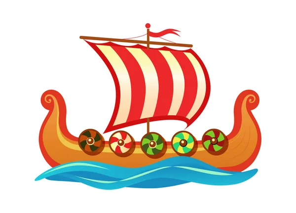 Drakkar - Scandinave longship of Vikings - Illustration vectorielle d'icône de bande dessinée colorée pour l'agence de voyage . — Image vectorielle