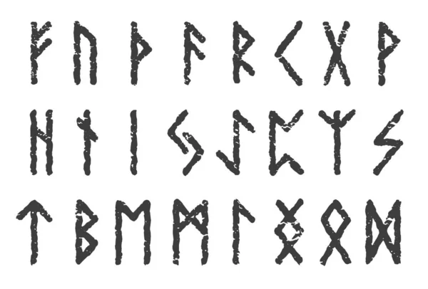 Antik İskandinav alfabe Runes beyaz renk siyah arka planda izole, vektör Script sembolleri
