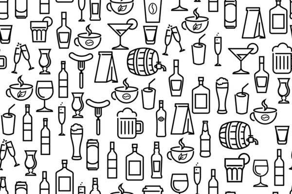 Vektor nahtlose Muster, Hintergrund mit Getränken und Getränken. Line Art Tapete für die Dekoration von Café oder Bar. — Stockvektor