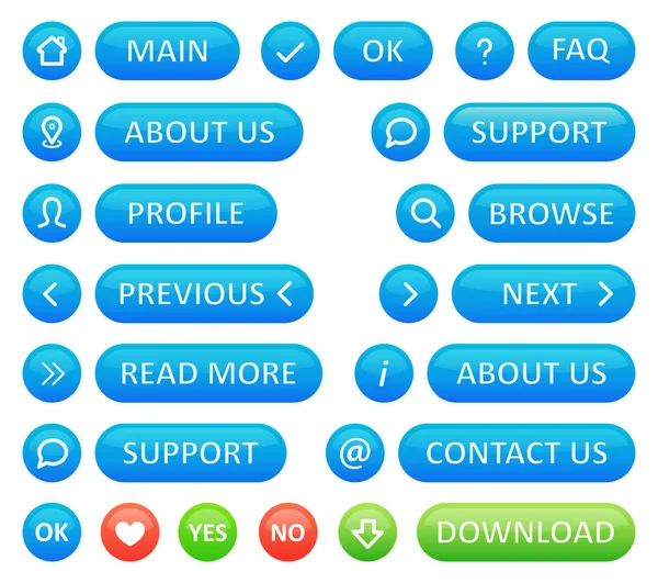 Bir web blogu için düğmeler kümesi. Beyaz arka plan üzerinde mavi renkli yuvarlak şekiller ve düğmelerde vektör simgeleri. — Stok Vektör