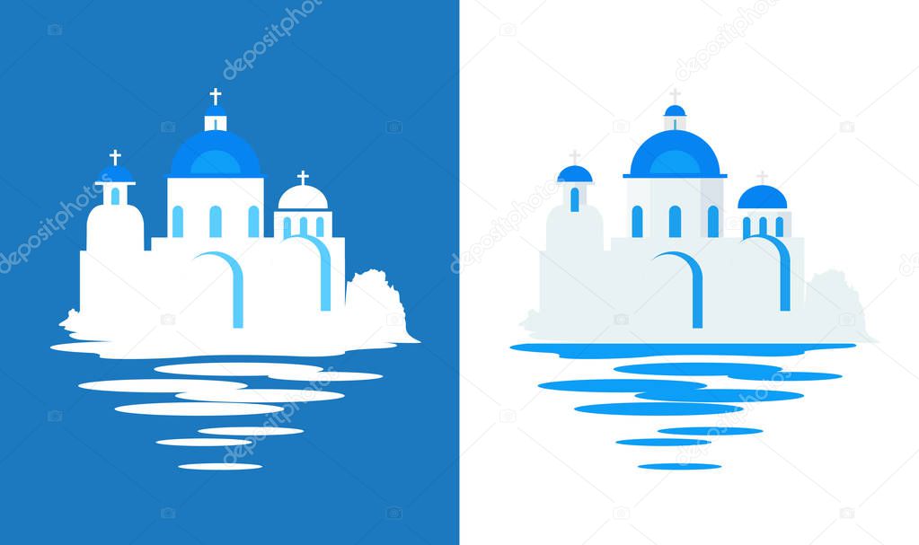 Greek Church with blue domes - Flat vector travel illustration