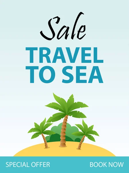 Travel to Sea, Tropical Vacation Flyer template design com ilustração de desenhos animados. Ilha com praia e Palms . —  Vetores de Stock