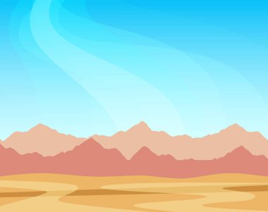 Güneşli bir günde mavi gökyüzü altında dağlar ve çöl ile Panorama - Afiş veya duvar kağıdı için Vektör tasarımı.