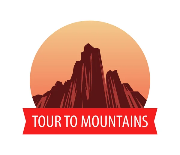 Modello di logotipo con montagne al tramonto, illustrazione del paesaggio vettoriale . — Vettoriale Stock