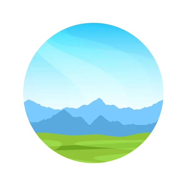 Montagne alpine in una giornata di sole, Vettore colorato illustrazione di una forma rotonda con paesaggio su sfondo bianco . — Vettoriale Stock