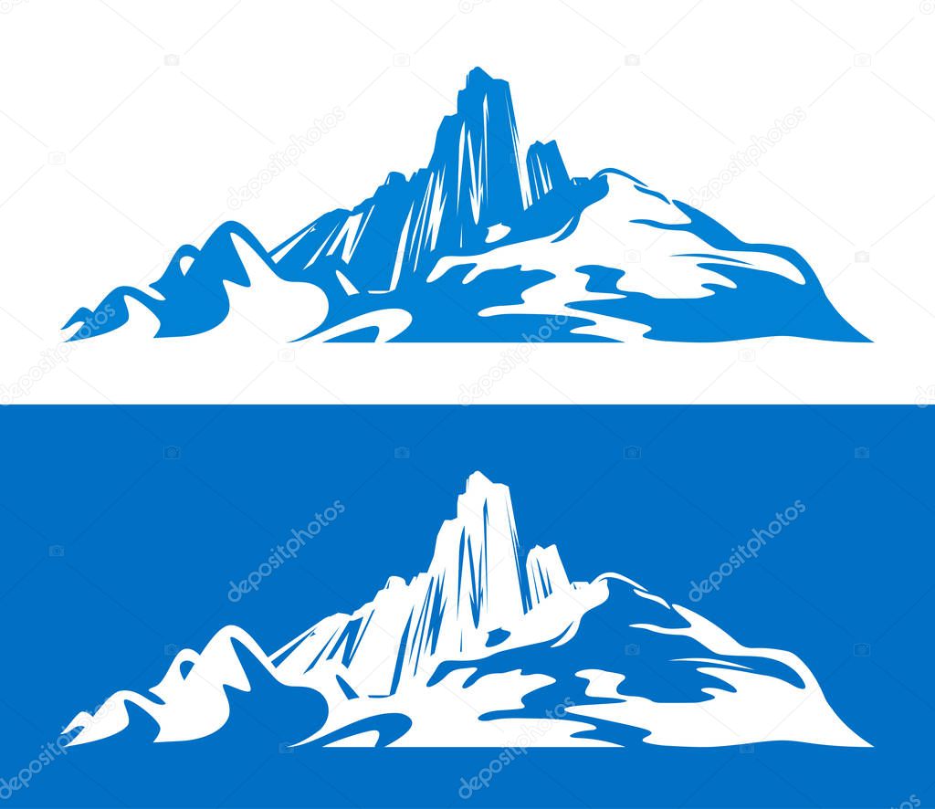 Silhouettes of Scandinavian Mountains isolated on blue and white for Hiking and Climbing sport illustrations.