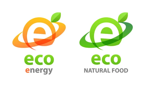 Эко-энергетический логотип и экологическая пища - Зеленые векторные эмблемы с листьями на белом — стоковый вектор