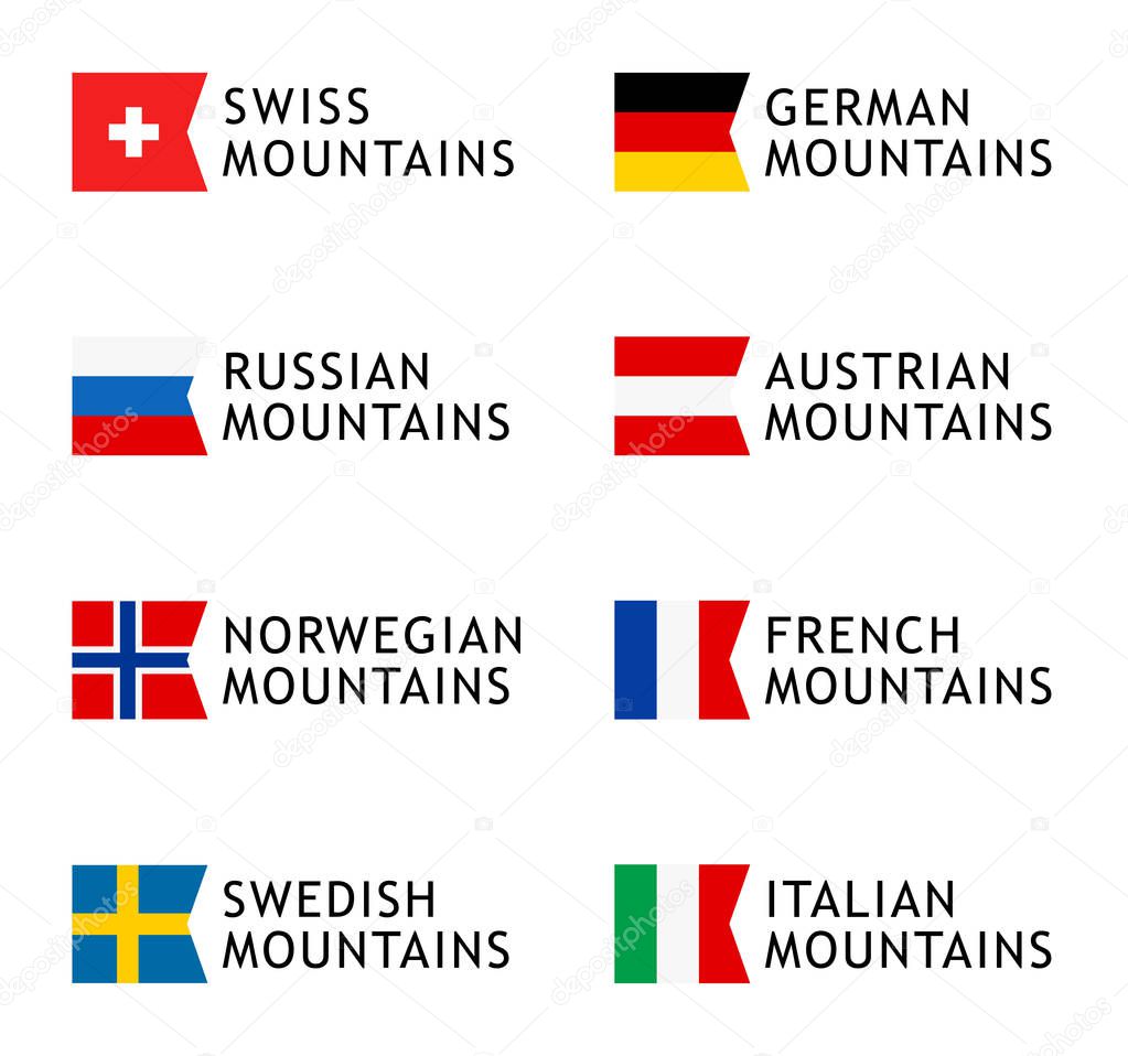Set of Logotype templates for tours to Mountains, Vector lovable intelligible illustration with national flag of Switzerland, Germany, Russia, Austria, Norway, France, Sweden and Italy on white
