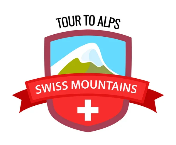Tour a los Alpes - Escudo de armas, Montañas Suizas en Blazon en forma de escudo con la bandera nacional de Suiza . — Vector de stock