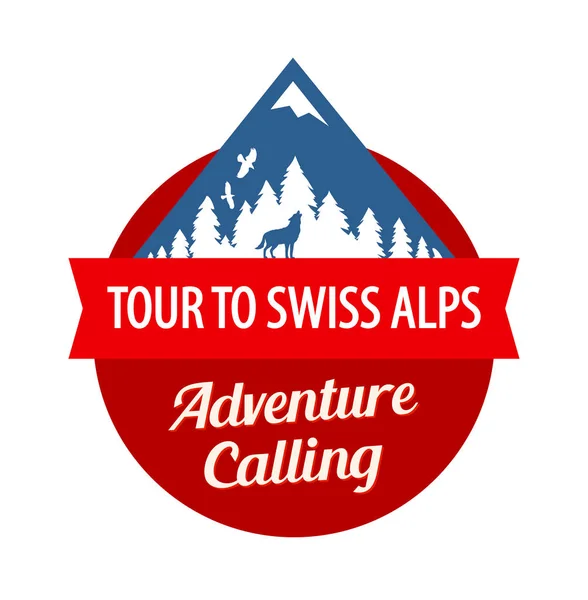 スイスアルプスへのツアー、リボン付きベクトルバッジとキャプション. — ストックベクタ