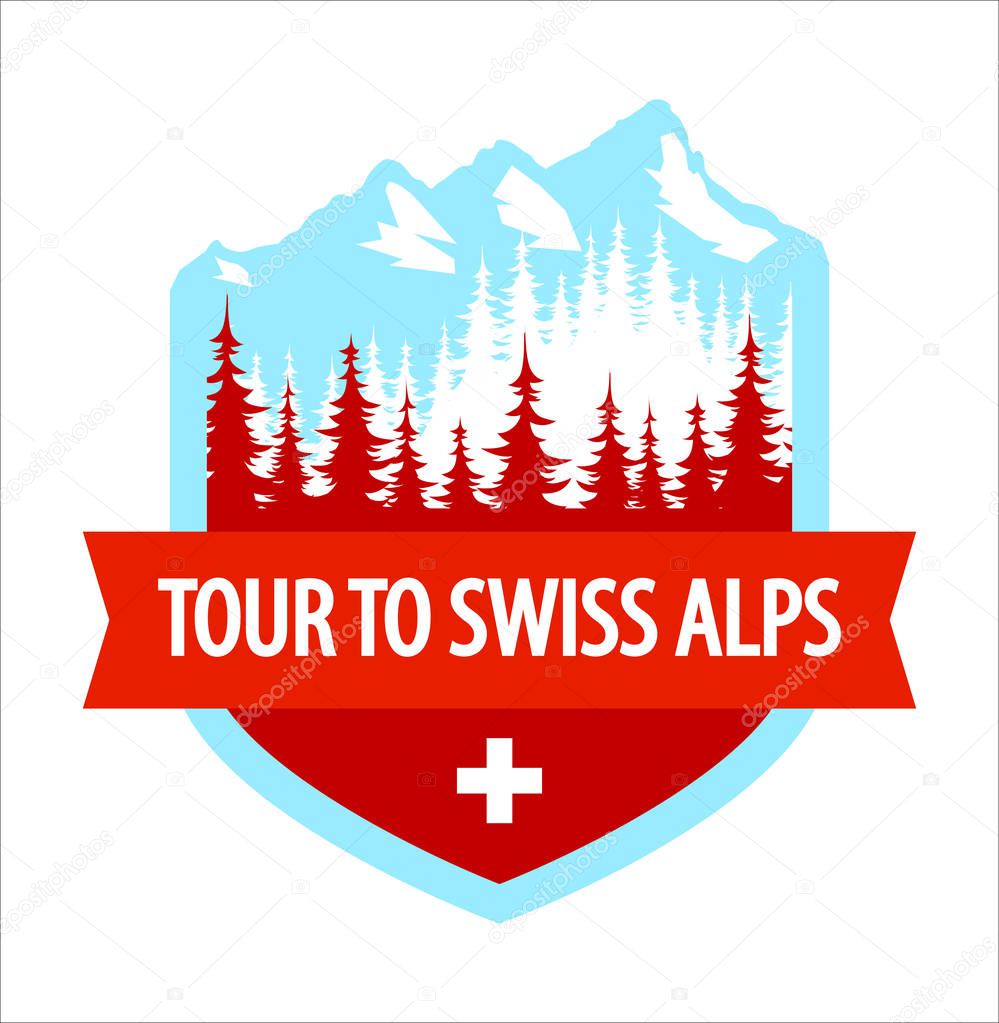 Tour to Swiss Alps - Coat of Arms isolated on white, Vector blazon illustration with Alpine mountains and forest. Crest with ribbon with caption and flag of Switzerland. Great travel Badge in Alps.
