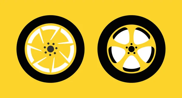 Wheel Icon Set isolerad på gul bakgrund för Taxi, Racing tävling eller Auto Reparation Shop. Vektorillustration. — Stock vektor