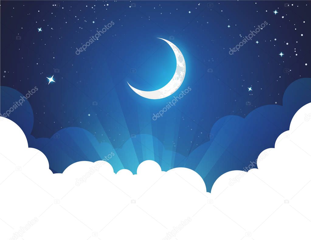 Night with Moon and Stars - Vector placard illustration with copy space at bottom