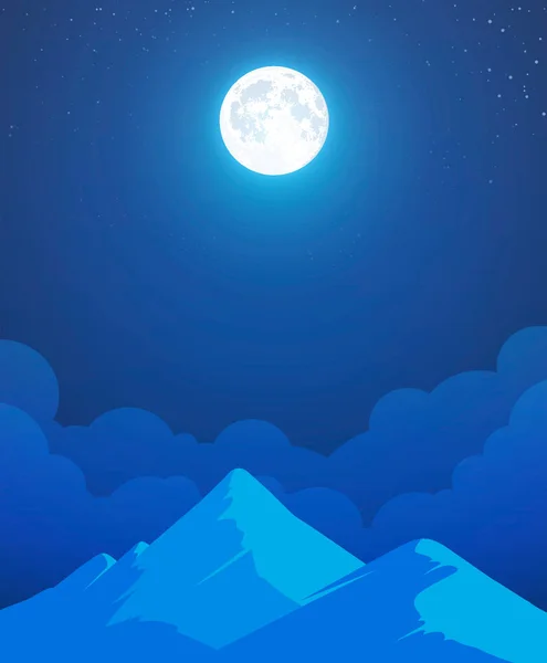 Ночной Горный Пейзаж Полной Луной Красивым Голубым Небом Векторная Иллюстрация — стоковый вектор