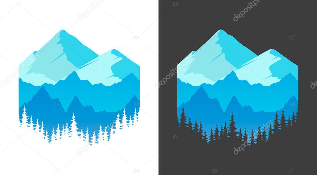 Emblem with Mountains, Vector banner for T-shirt prints or Travel company. Sticker with Alpine Rocks and silhouette of forest isolated on white and black background