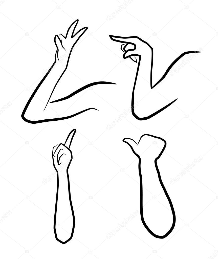 Hand with finger point at left and top. Vector Set of drawn arms black color on white.